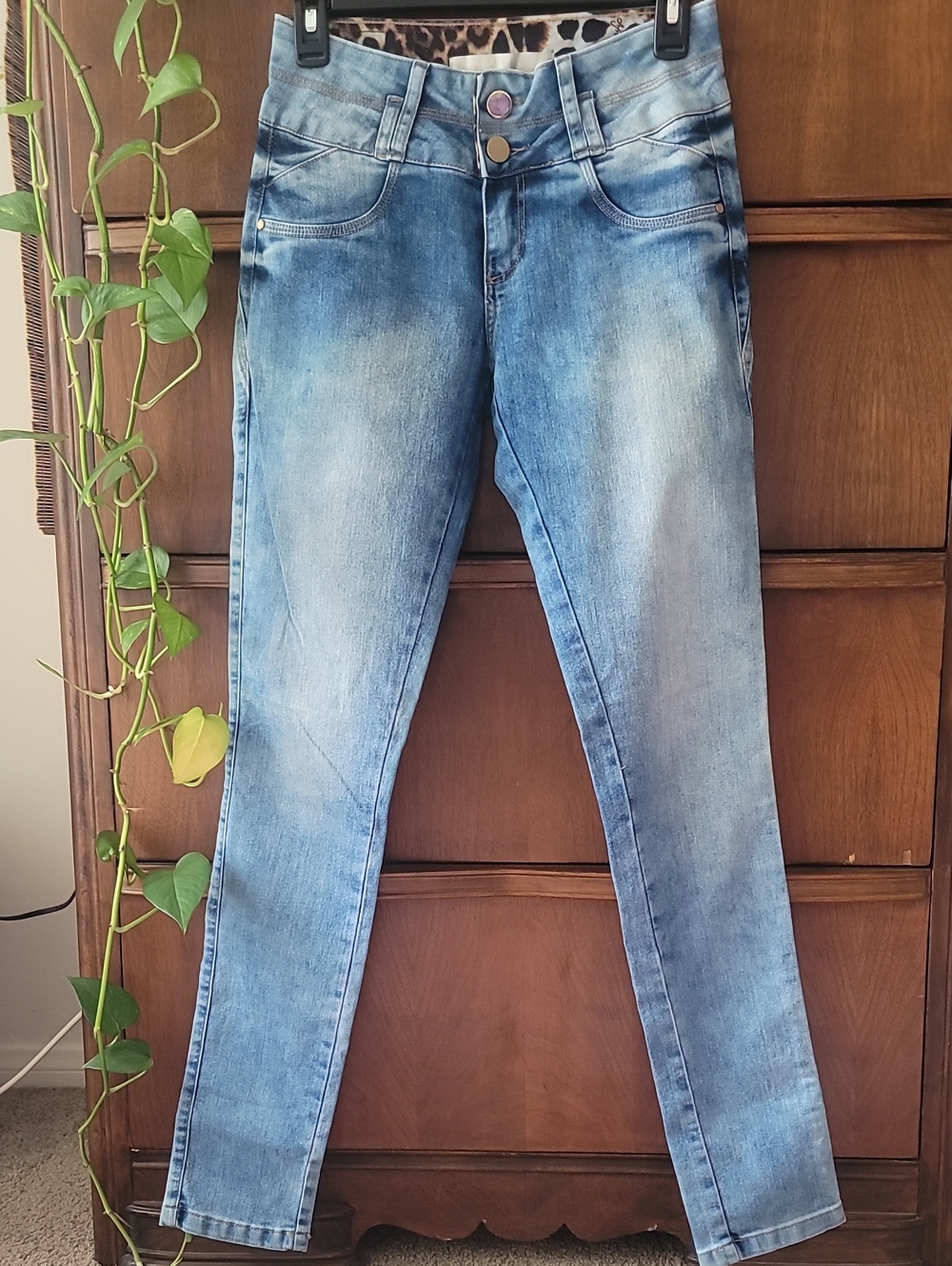 Afront Faded Lt Blue Women's Skinny Jeans with Leopard Print Waist Lining Inside